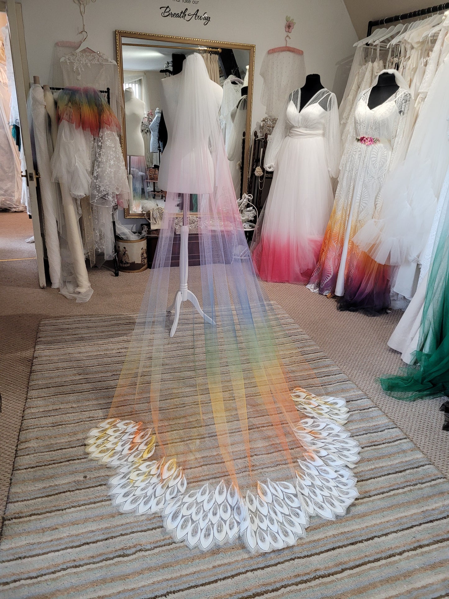Ombre rainbow veil with sequin lace peacock feather edging