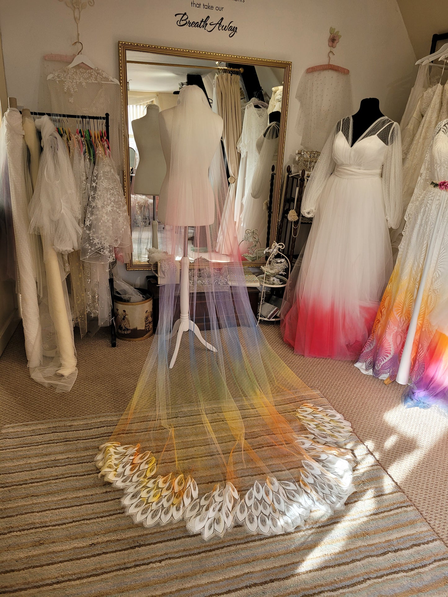 Ombre rainbow veil with sequin lace peacock feather edging