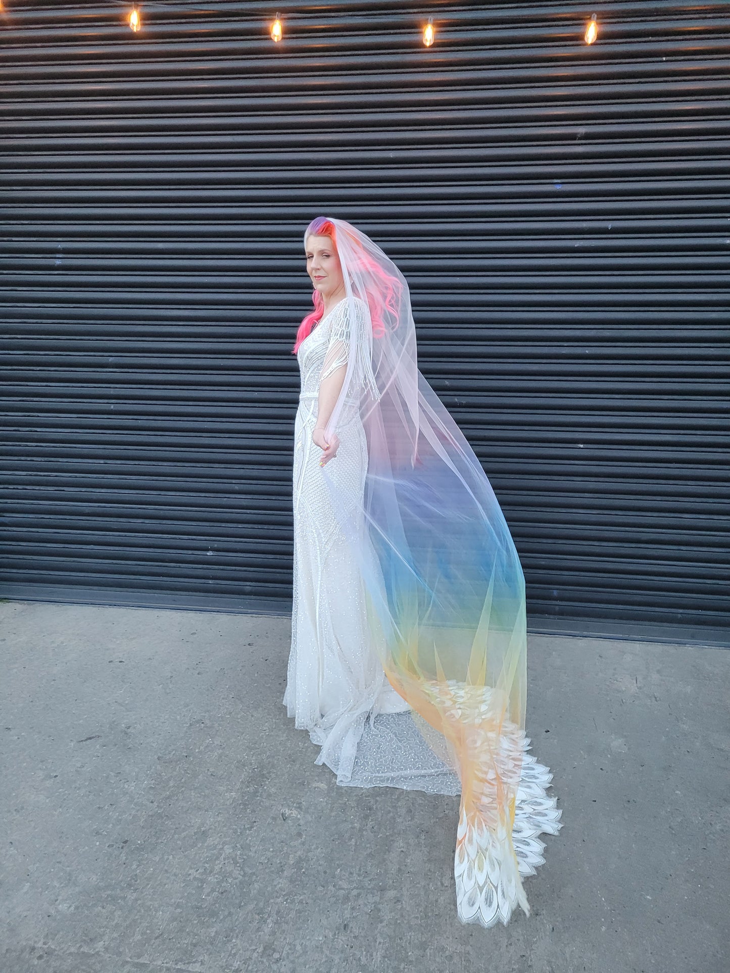 Ombre rainbow veil with sequin lace peacock feather edging