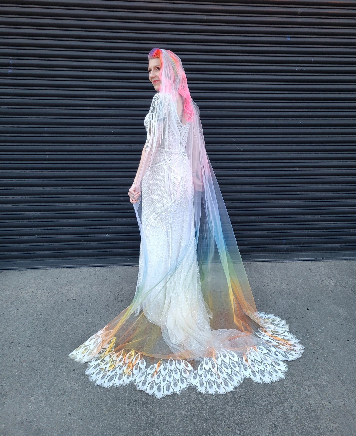 Ombre rainbow veil with sequin lace peacock feather edging